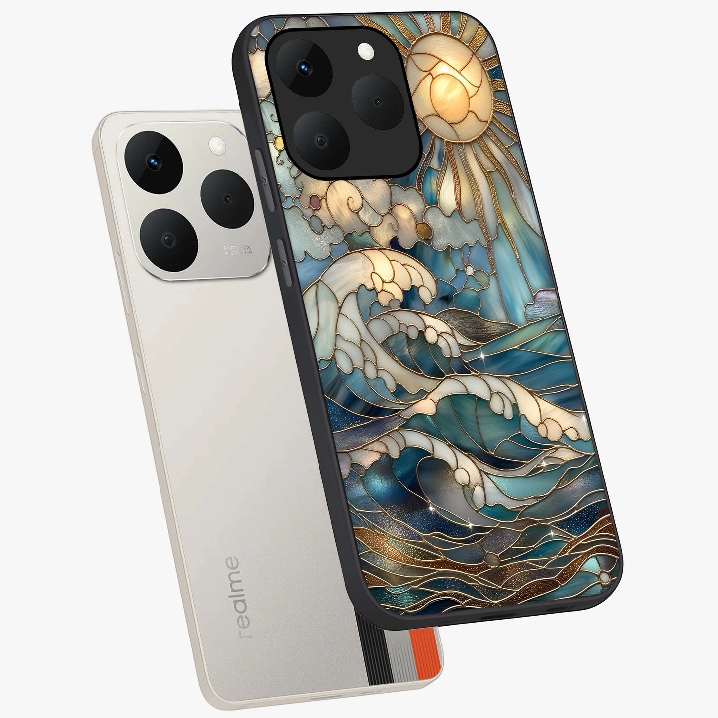 Oceanic Stained Printed Glass Case displayed in angled mockup highlighting colorful aquatic design with artistic aesthetic style.