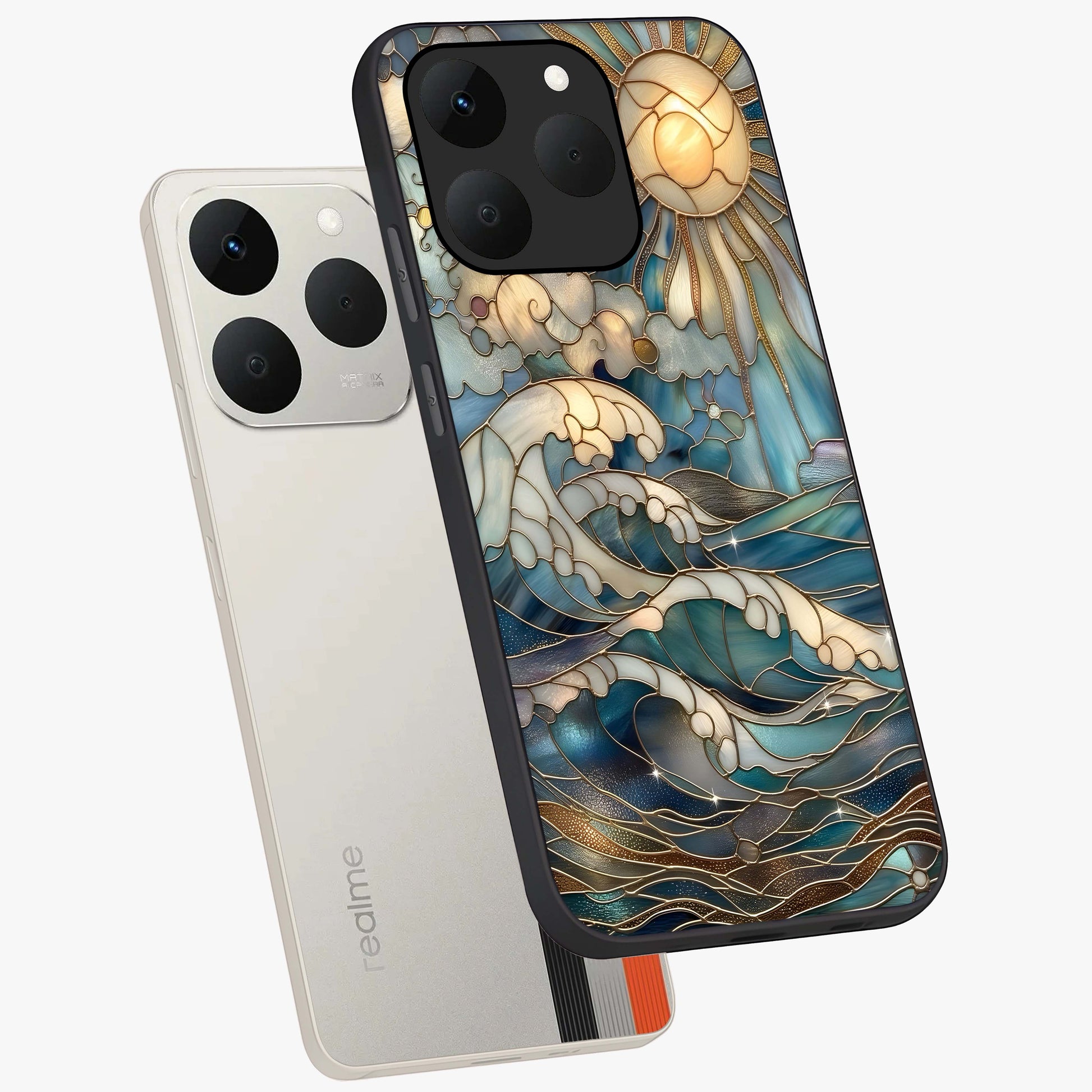 Oceanic Stained Printed Glass Case displayed in angled mockup highlighting colorful aquatic design with artistic aesthetic style.