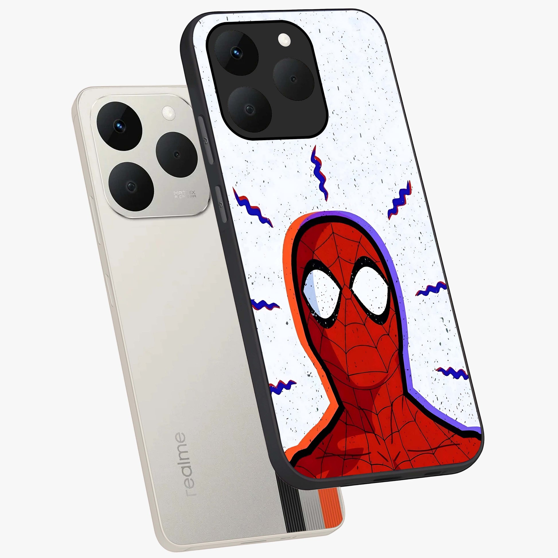 Omg Spiderman Glass Case displayed in angled mockup highlighting dynamic hero illustration with action comic aesthetic.