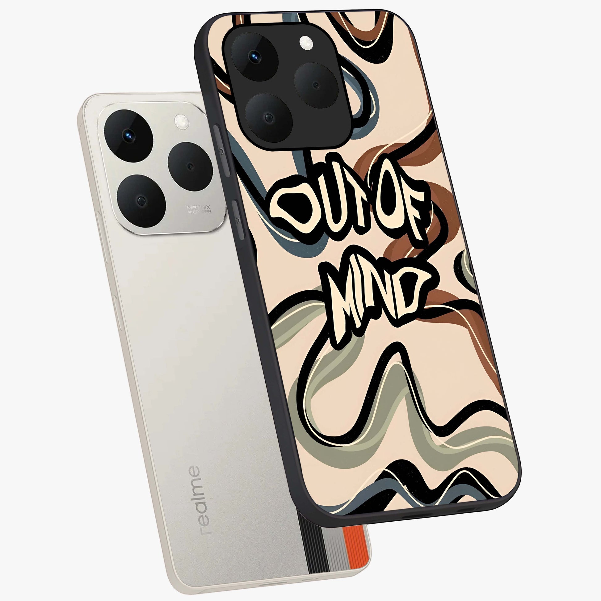 Out Of Mind Glass Case displayed in angled mockup highlighting bold statement design with modern artistic aesthetic.