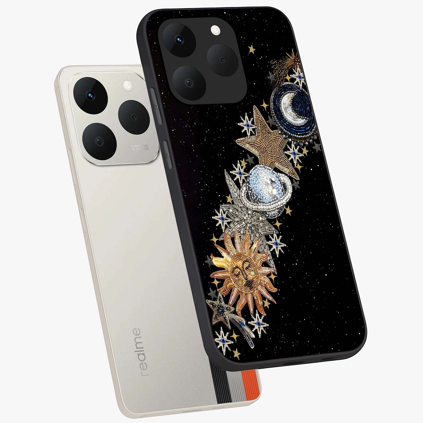 Pearls Universe Object Glass Case displayed in angled mockup highlighting celestial pearl design with dreamy aesthetic.