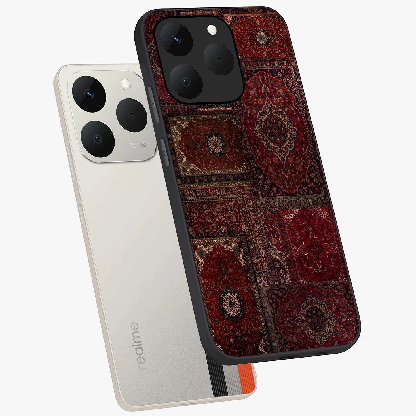 Persian Velvet Tale Glass Case displayed in angled mockup highlighting ornate textile inspired design with royal aesthetic.
