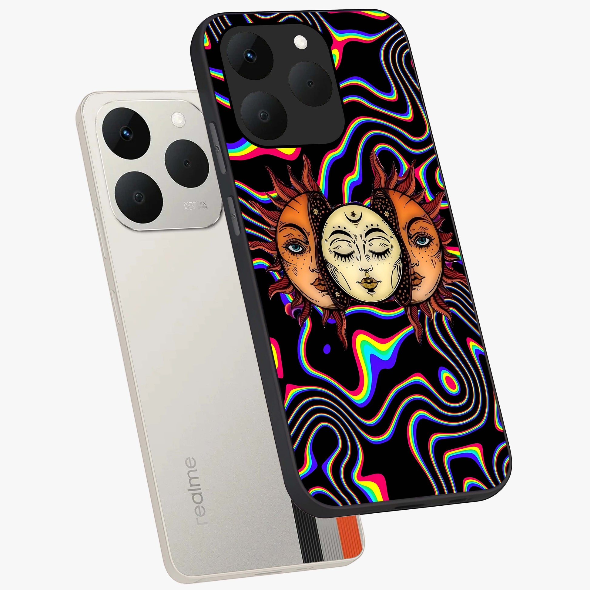 Psychedelic Sun Glass Case displayed in angled mockup highlighting vibrant abstract sun design with artistic aesthetic style.
