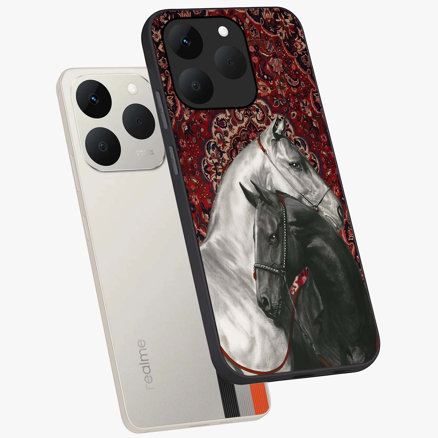 Regal Stallion Tapestry Glass Case displayed in angled mockup highlighting royal stallion design with decorative heritage aesthetic.