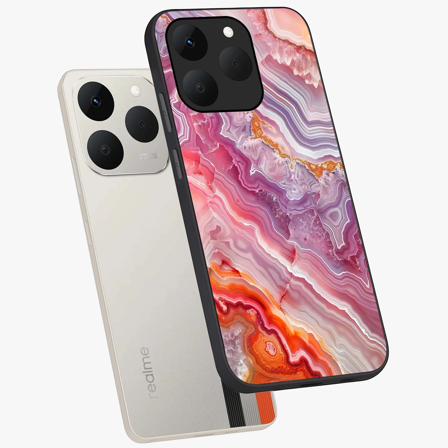 Rose Quartz Marble Glass Case displayed in angled mockup highlighting elegant marble pattern with soft aesthetic style.