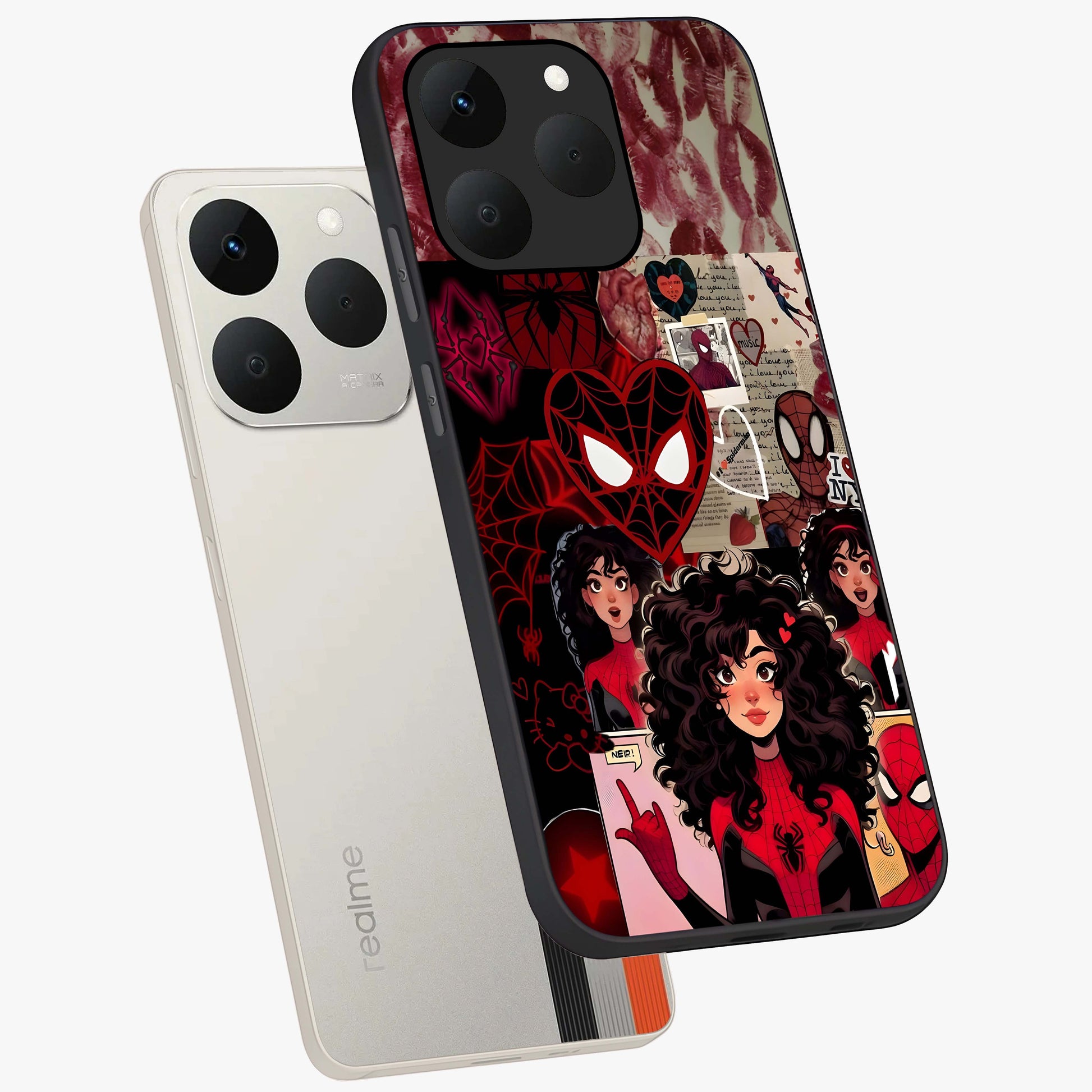 Spider Love Story Glass Case displayed in angled mockup highlighting expressive comic inspired design with playful aesthetic.