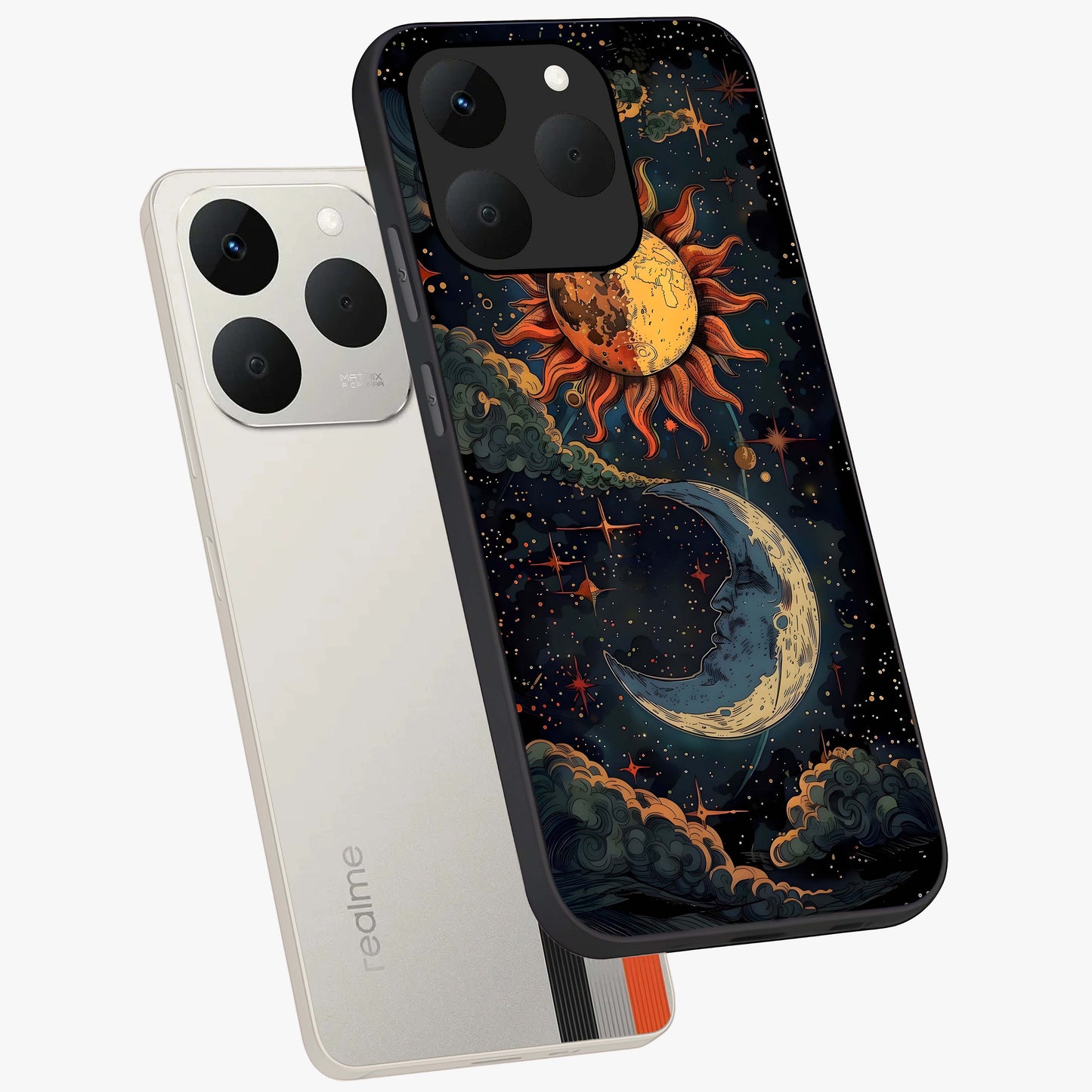 Sun And Moon Magic Design Glass Case displayed in angled mockup highlighting celestial design with magical cosmic aesthetic.