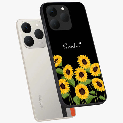 Sunflower Chic Mood Custom Name Glass Case displayed in angled mockup highlighting vibrant sunflower design with custom name feature.