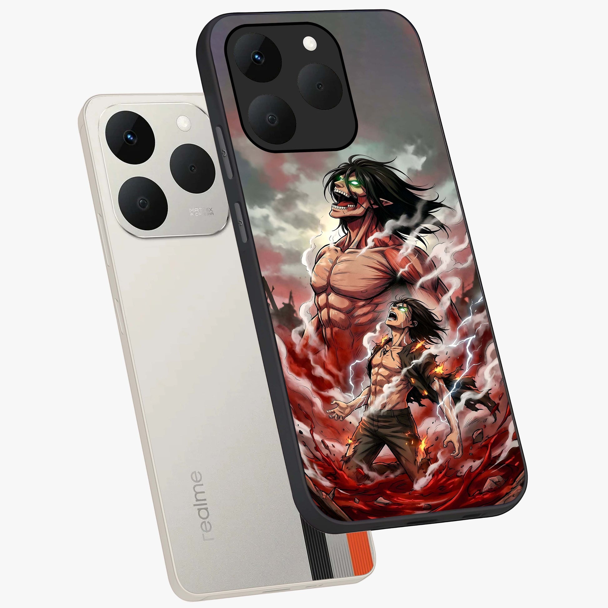 Titan Awakening Fury Glass Case displayed in angled mockup highlighting dramatic giant warrior design with bold anime aesthetic.