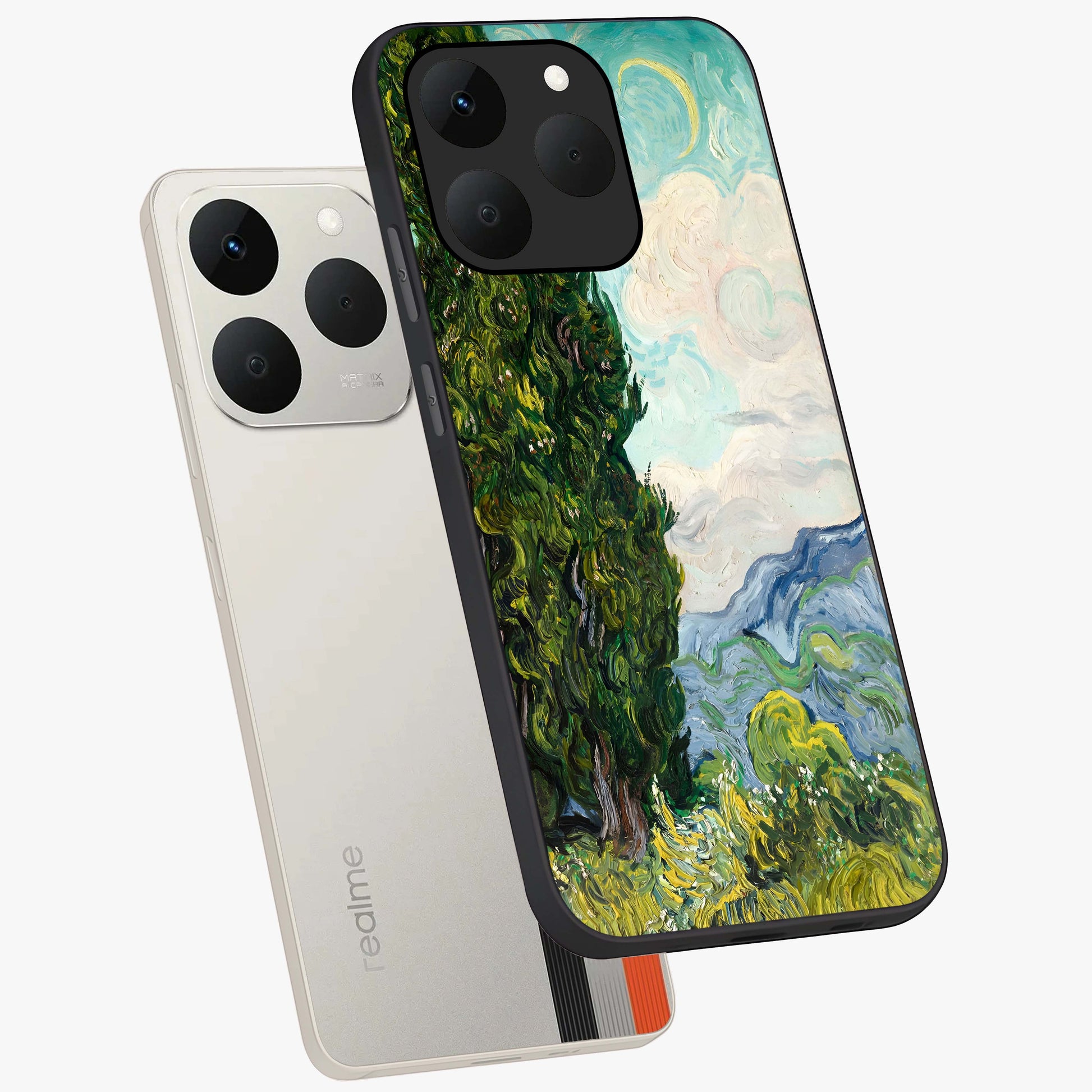 Van Gogh Vintage Art Glass Case displayed in angled mockup highlighting textured brushstroke design with classic aesthetic.