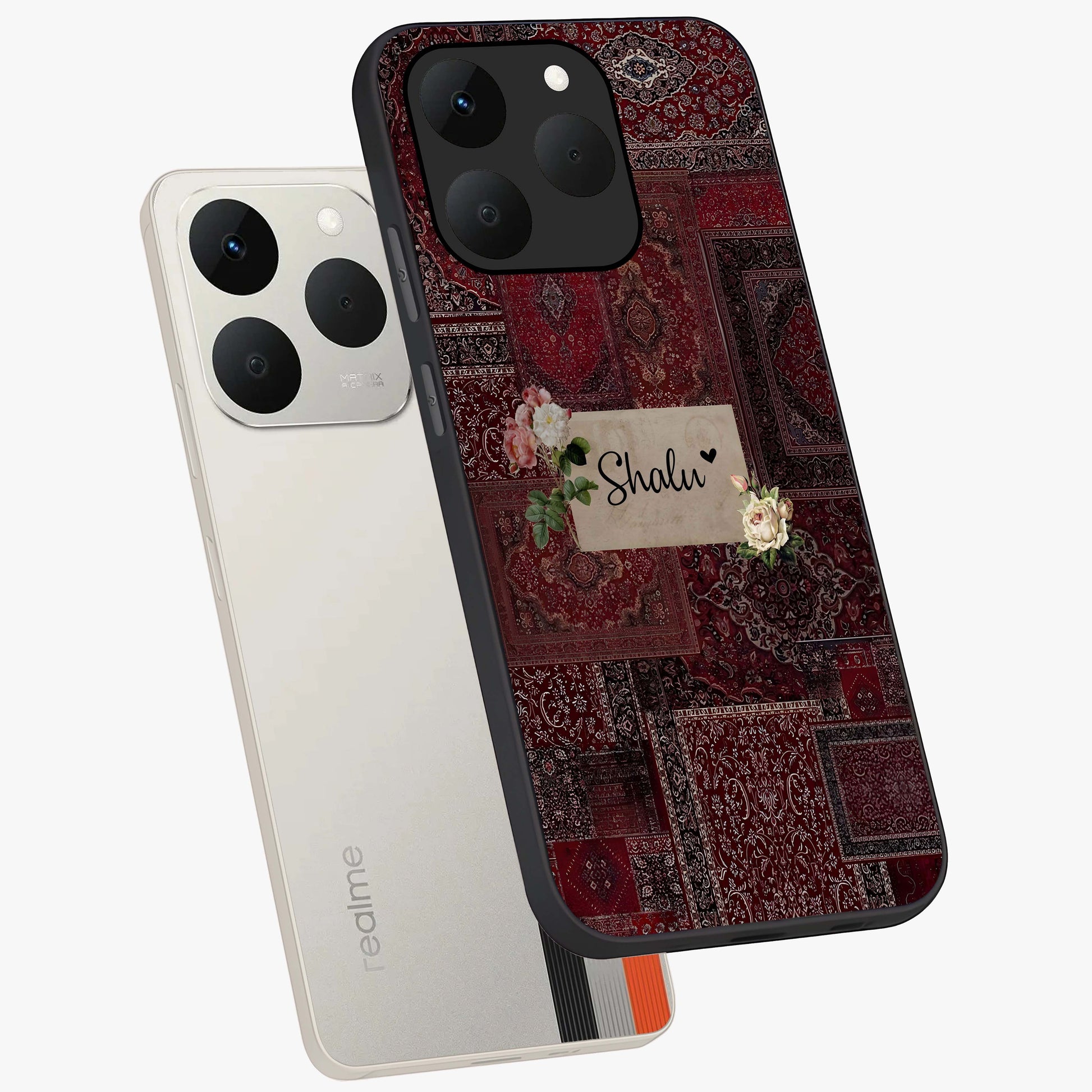 Velvet Wine Pattern Custom Name Glass Case displayed in angled mockup highlighting decorative velvet inspired design with custom name feature.