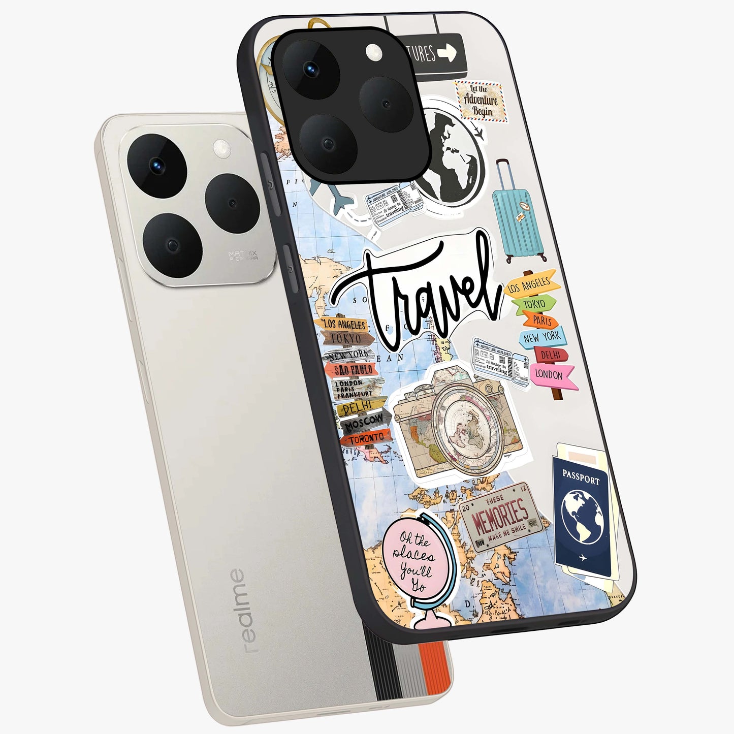 Wanderlust Journal Glass Case displayed in angled mockup highlighting adventure themed design with aesthetic travel vibe.