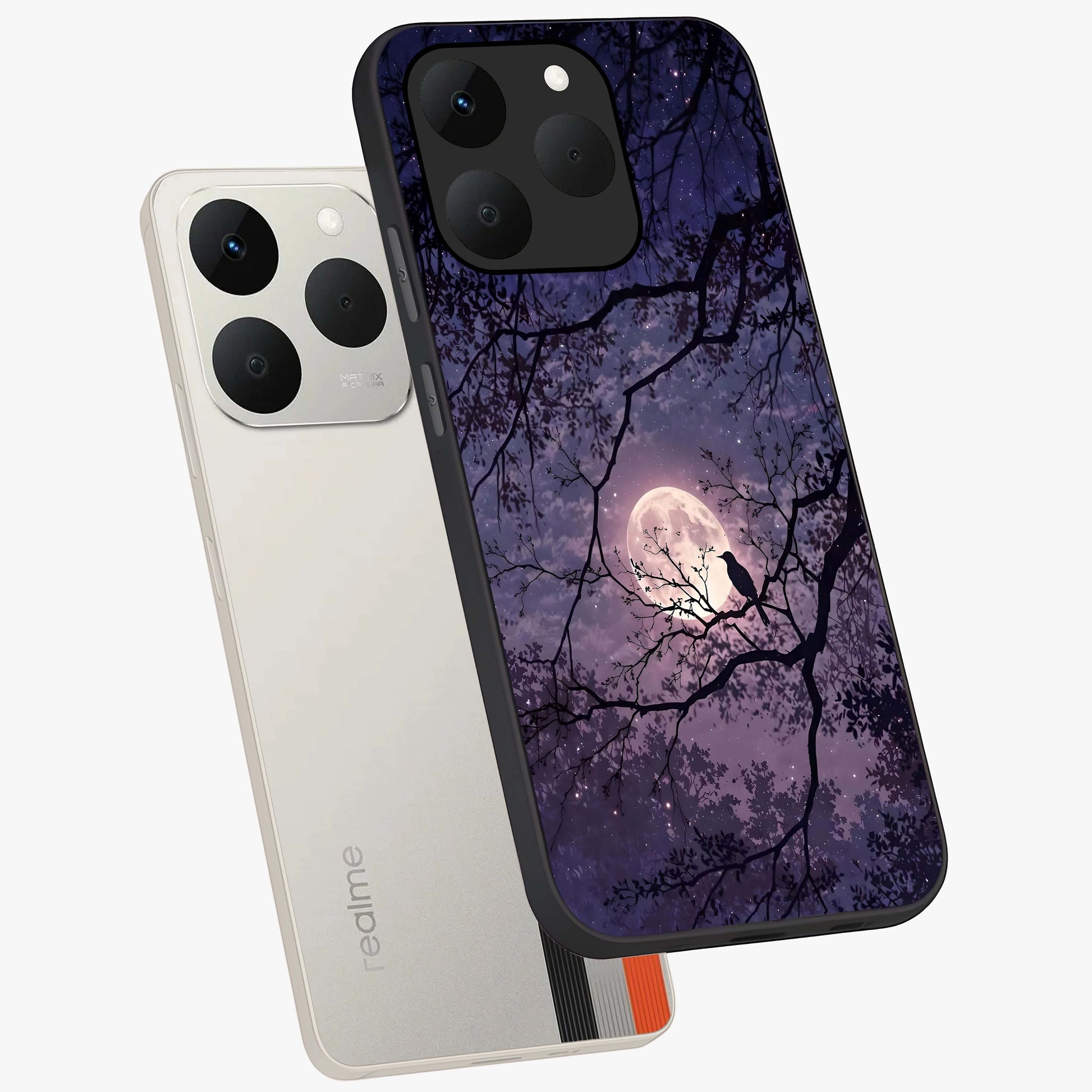 Whispering Moon Silence Glass Case displayed in angled mockup highlighting calm lunar design with dreamy night aesthetic.