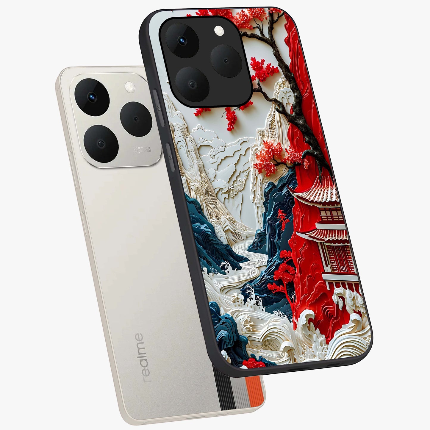 Whispers Of Sakura Waves Glass Case displayed in angled mockup highlighting flowing sakura design with soft floral aesthetic.