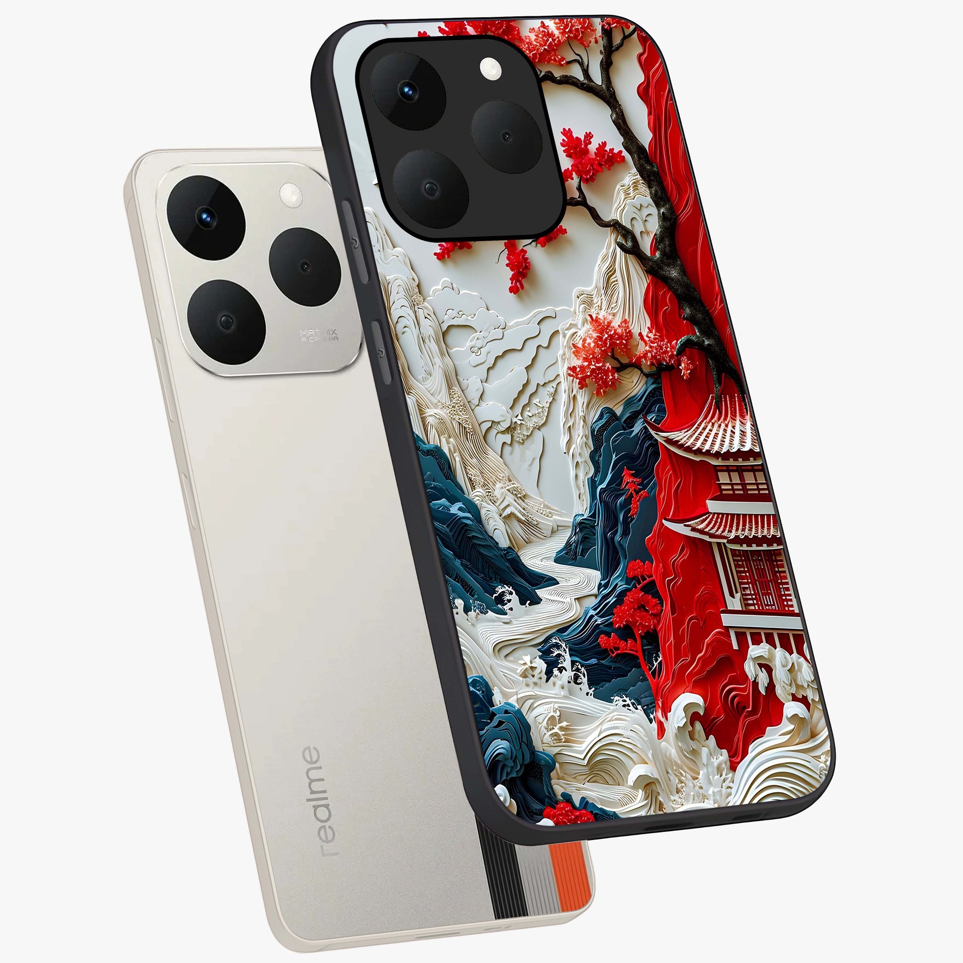 Whispers Of Sakura Waves Glass Case displayed in angled mockup highlighting flowing sakura design with soft floral aesthetic.