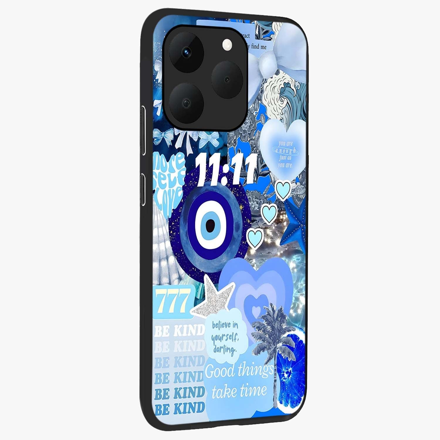 Aesthetic Be Kind Eye Glass Case upright view showcasing stylish eye illustration with positive message theme.
