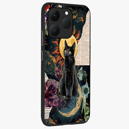 Celestial Black Cat Glass Case upright view showcasing magical black cat illustration with starry cosmic theme.