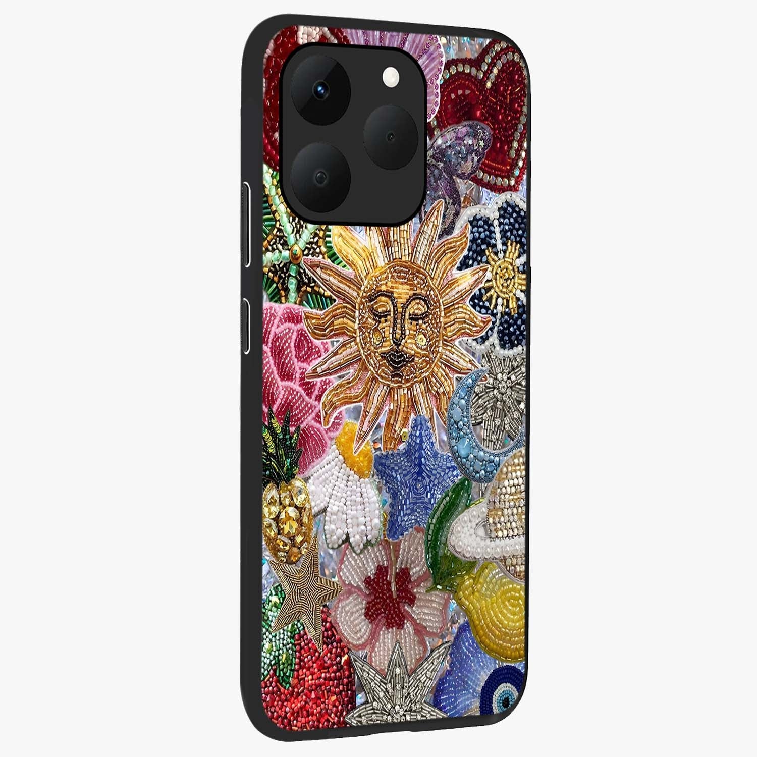 Celestial Floral and Playful Glass Case upright view showcasing whimsical floral artwork with cosmic aesthetic theme.