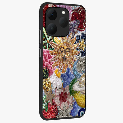 Celestial Floral and Playful Glass Case upright view showcasing whimsical floral artwork with cosmic aesthetic theme.