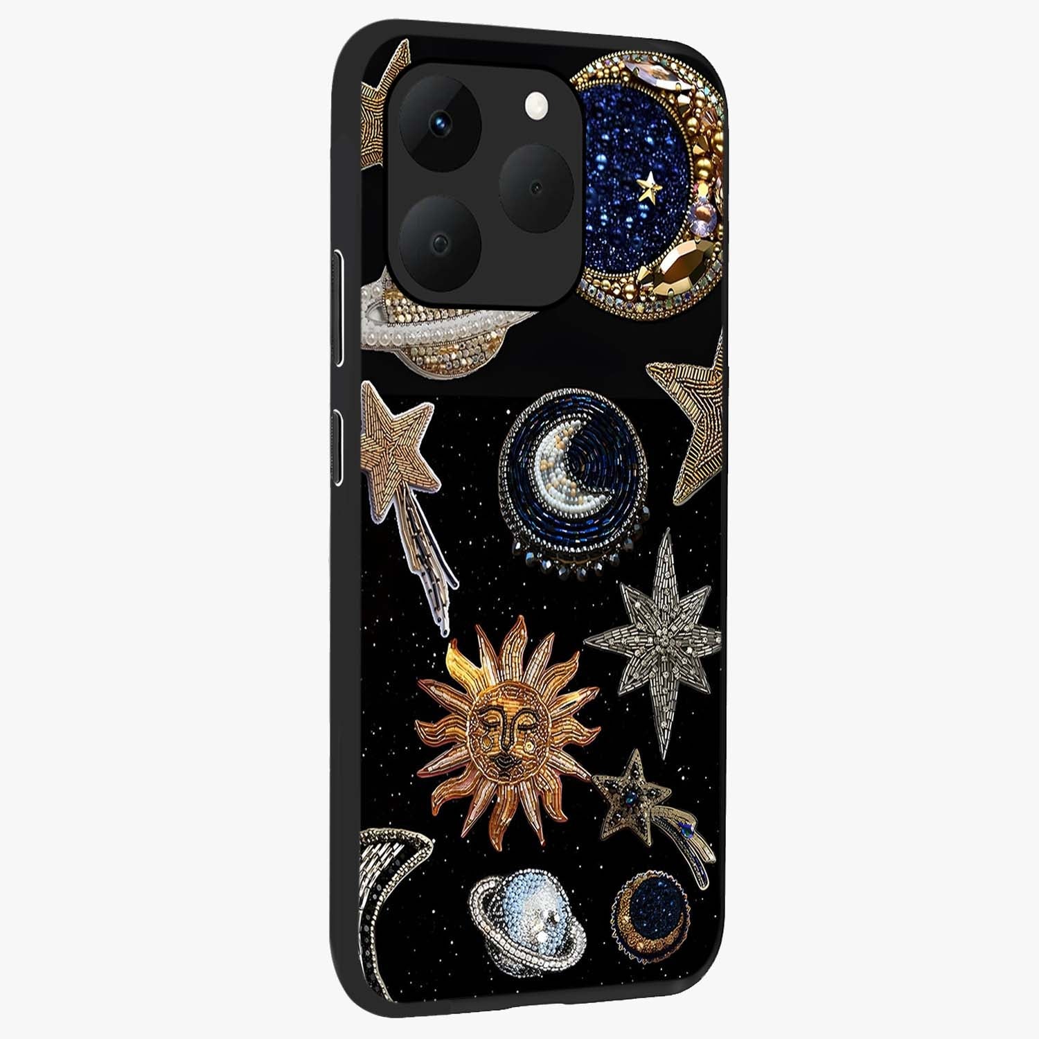Celestial Gem Constellations Glass Case upright view showcasing cosmic constellation artwork with celestial aesthetic style.
