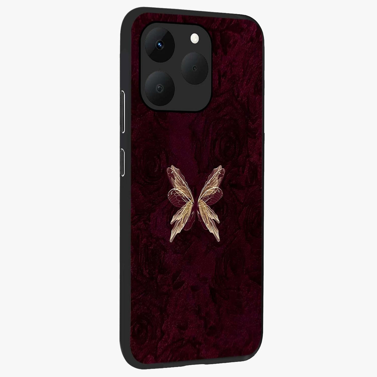 Crimson Fade Butterfly Glass Case upright view showcasing graceful butterfly artwork with soft crimson fade effect.