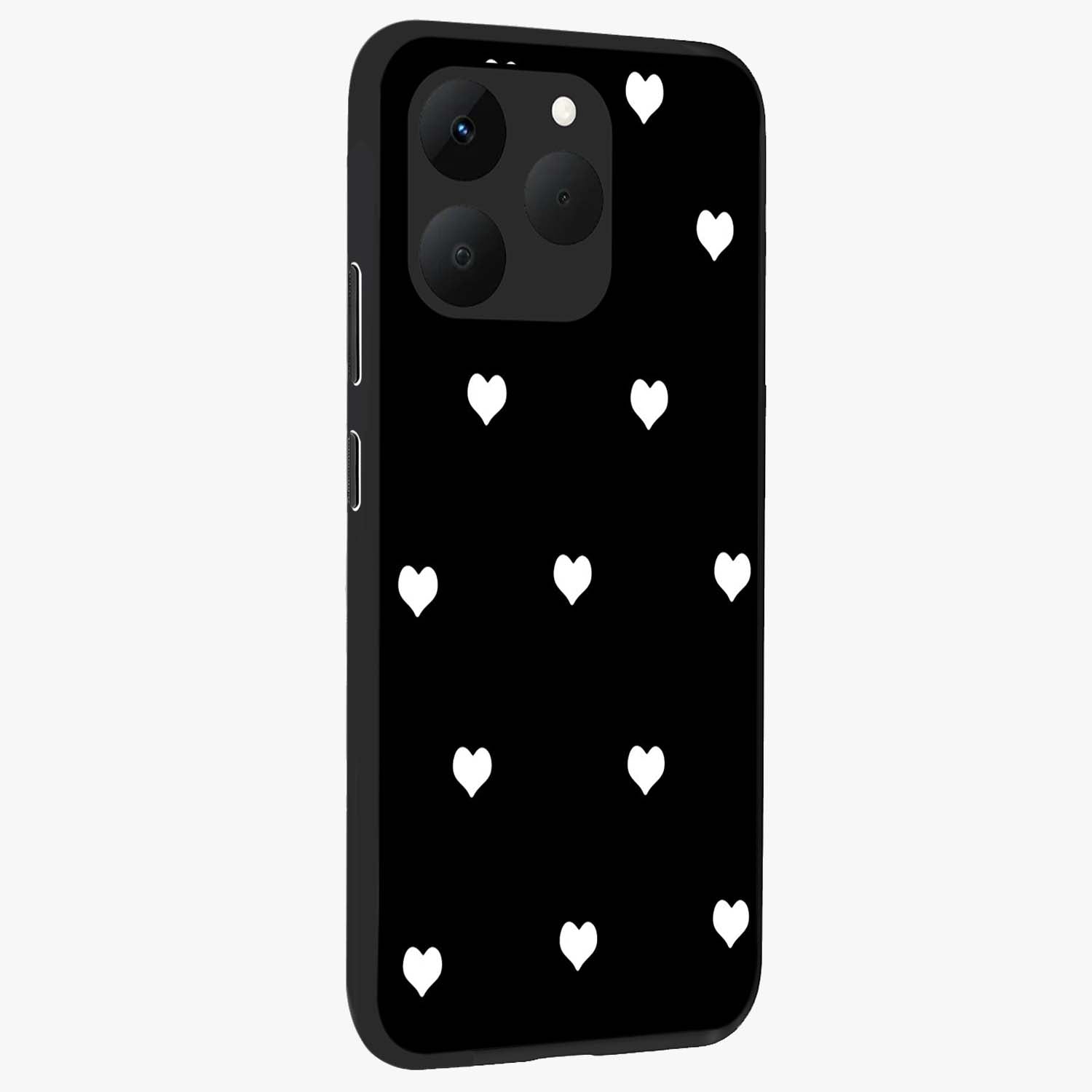 Cute And Simple White Hearts Glass Case upright view showcasing simple white hearts artwork with soft minimal theme.