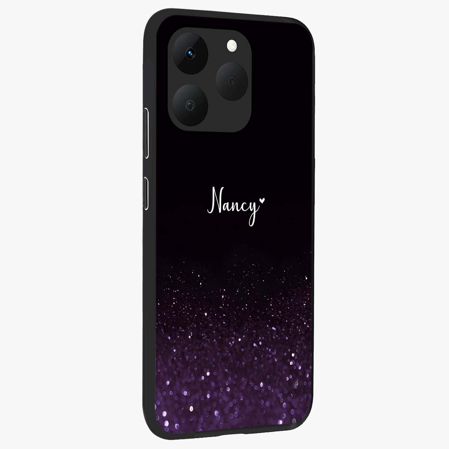 Glittery Purple Bokeh Custom Name Glass Case upright view showcasing vibrant purple sparkle artwork with personalized aesthetic style.