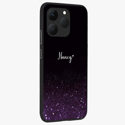 Glittery Purple Bokeh Custom Name Glass Case upright view showcasing vibrant purple sparkle artwork with personalized aesthetic style.