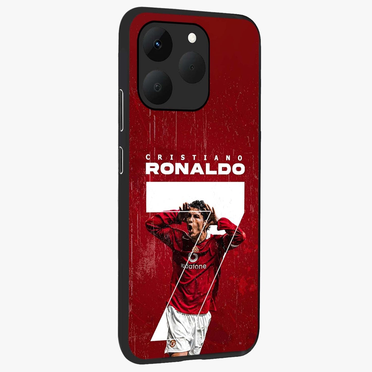 Goal Celebration Legacy Glass Case upright view showcasing dynamic football inspired artwork with victory celebration aesthetic.