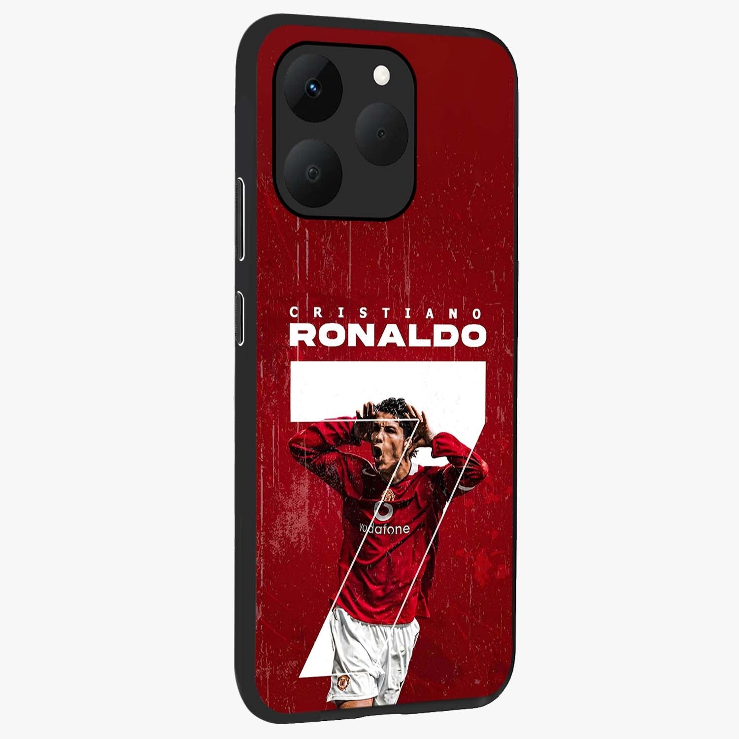Goal Celebration Legacy Glass Case upright view showcasing dynamic football inspired artwork with victory celebration aesthetic.
