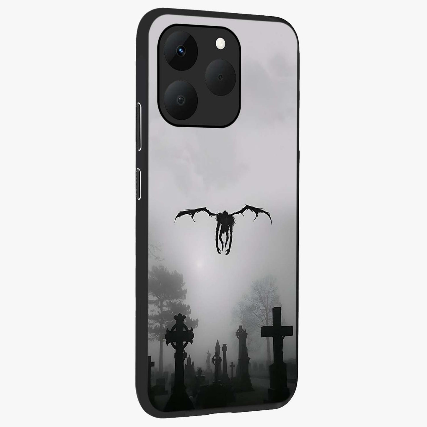 Graveyard Shadow Descent Glass Case upright view showcasing haunting graveyard artwork with dramatic dark theme.
