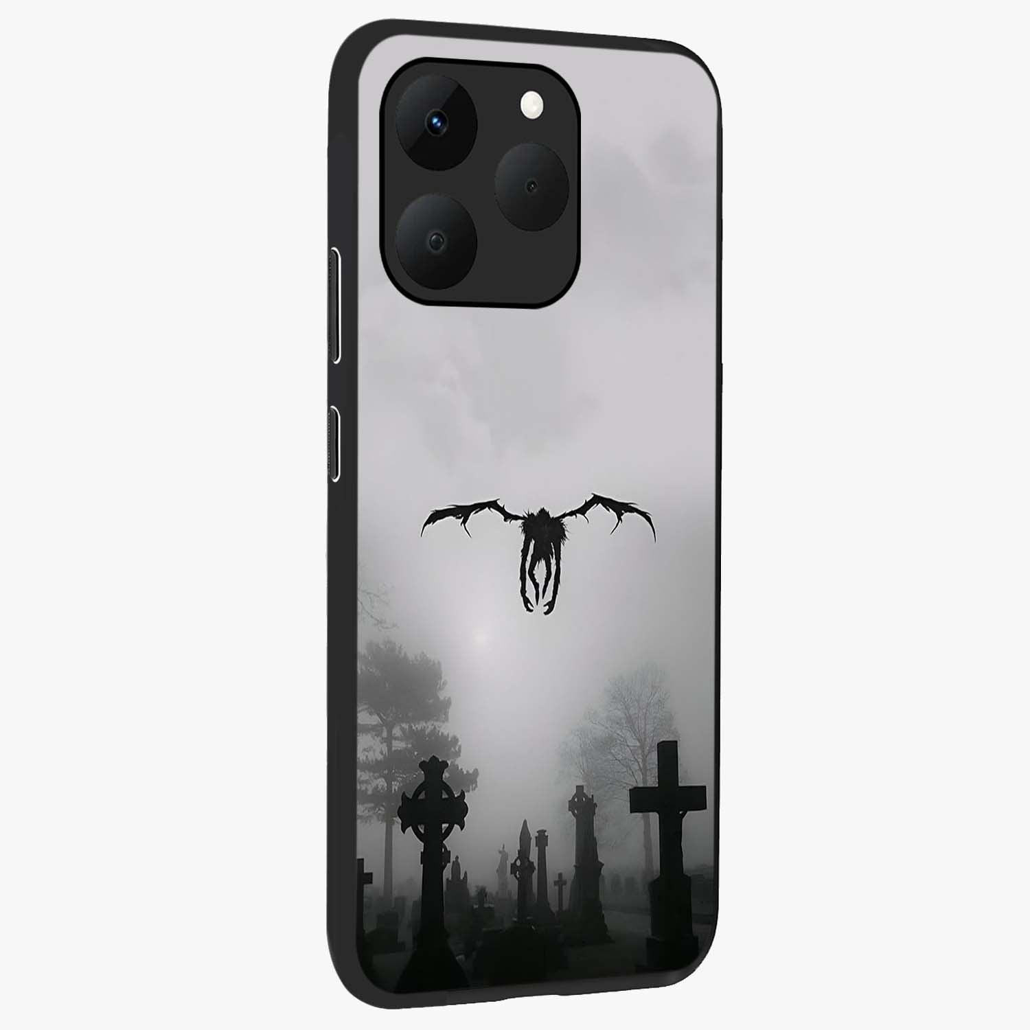 Graveyard Shadow Descent Glass Case upright view showcasing haunting graveyard artwork with dramatic dark theme.