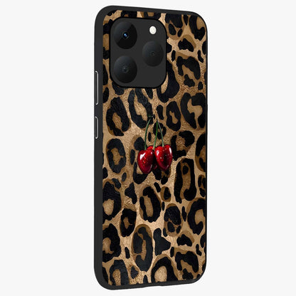 Leopard Wild Cherry Glass Case upright view showcasing stylish leopard pattern artwork with trendy fashion theme.
