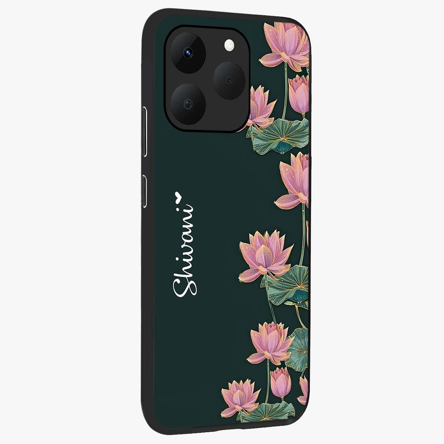 Lotus Bloom Serenity Custom Name Glass Case upright view showcasing serene lotus bloom artwork with personalized floral aesthetic.
