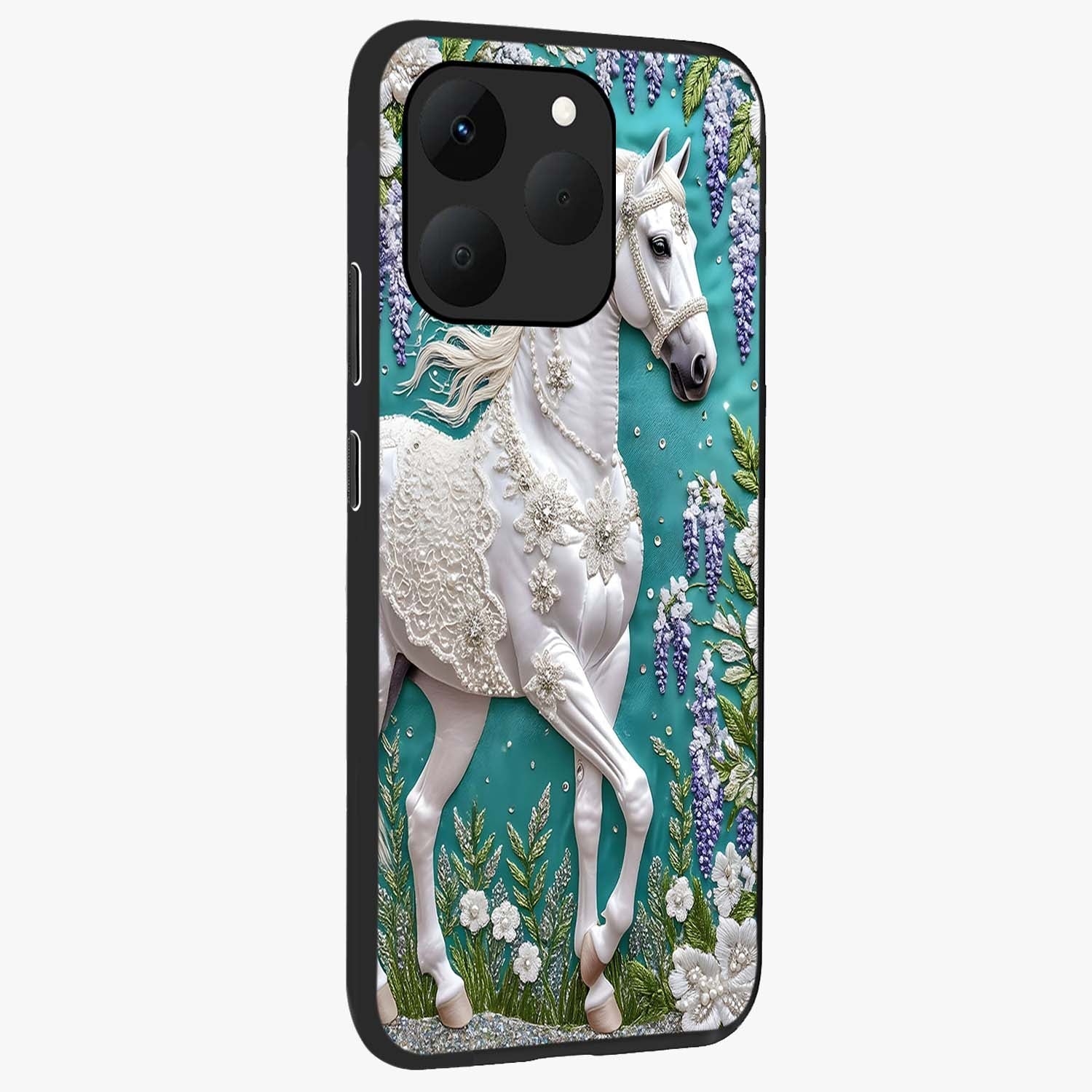Majestic Floral Stallion Glass Case upright view showcasing dramatic horse artwork with decorative floral theme.
