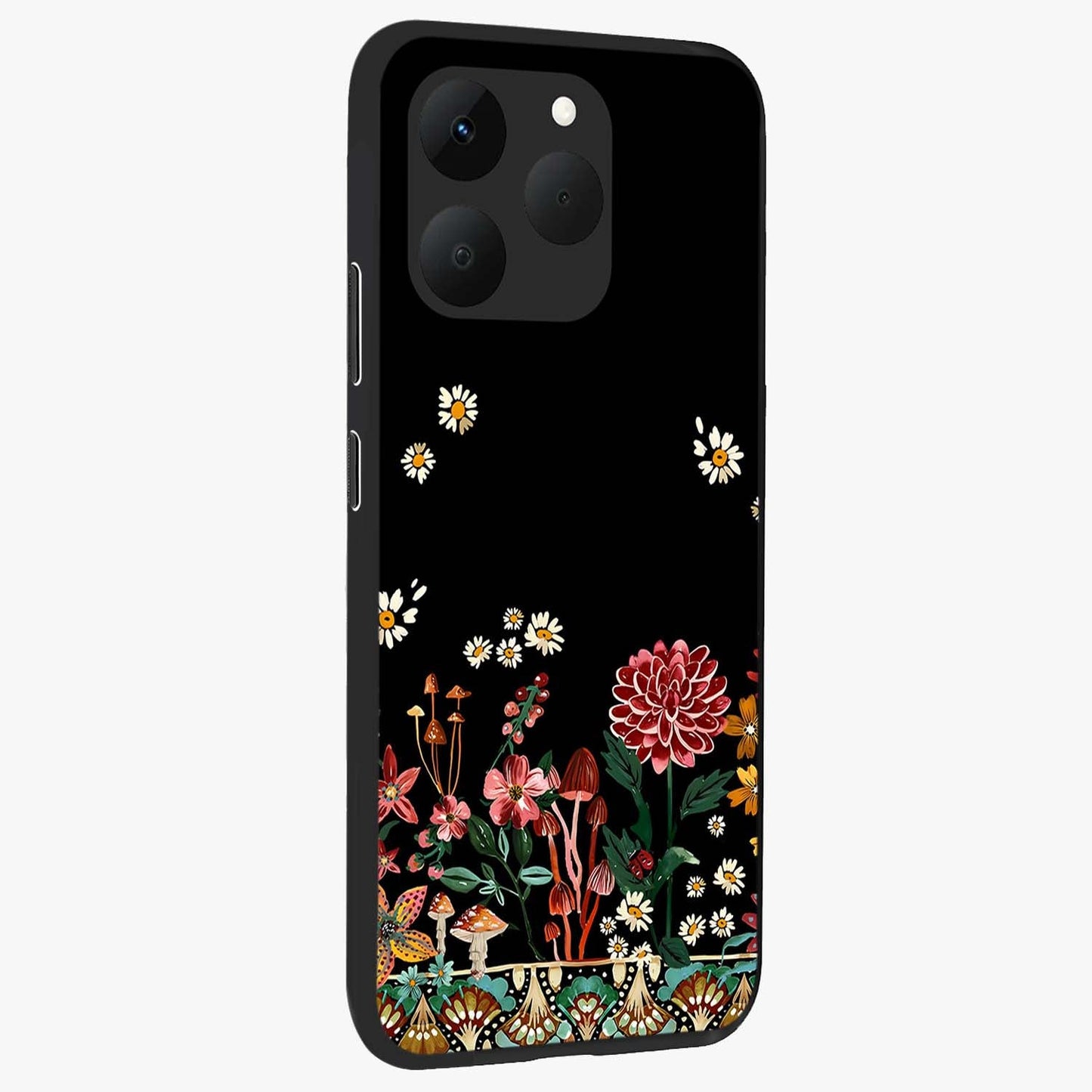 Midnight Bloom Pattern Glass Case upright view showcasing decorative floral artwork with deep night themed palette.