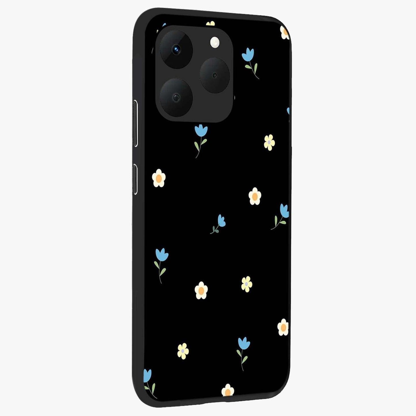 Minimal Petal Whispers Glass Case upright view showcasing elegant floral artwork with modern minimalist style.