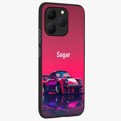 Neon Pink Porsche Glass Case upright view showcasing vibrant sports car artwork with bold automotive theme.