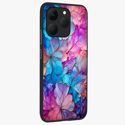 Radiant Floral Whirl Glass Case upright view showcasing lively floral artwork with decorative swirl theme.