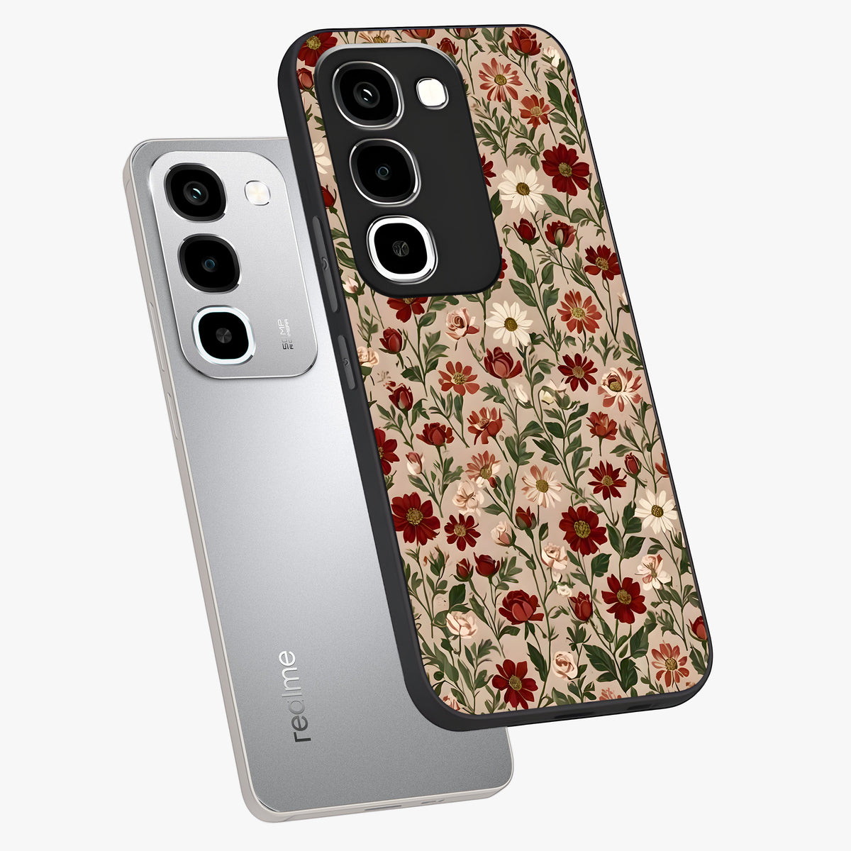Biege Flower With Leaf Glass Case displayed in angled mockup highlighting minimal floral leaf design and elegant aesthetic.
