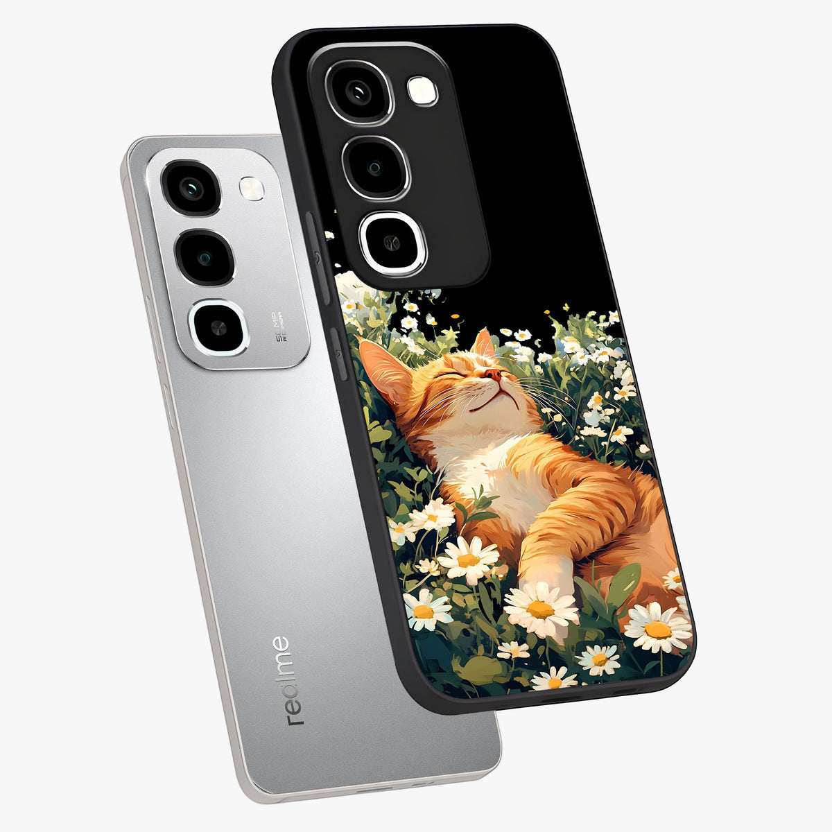 Blissful Bloom Cat Glass Case displayed in angled mockup highlighting playful feline illustration with soft floral aesthetic.