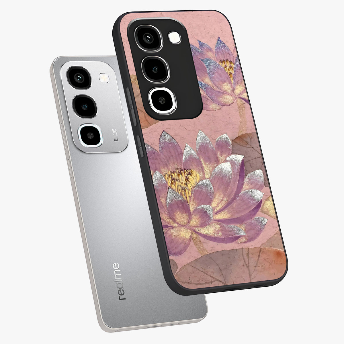 Blossom Mist Lotus Glass Case displayed in angled mockup highlighting delicate lotus illustration with calm aesthetic theme.