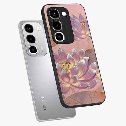 Blossom Mist Lotus Glass Case displayed in angled mockup highlighting delicate lotus illustration with calm aesthetic theme.