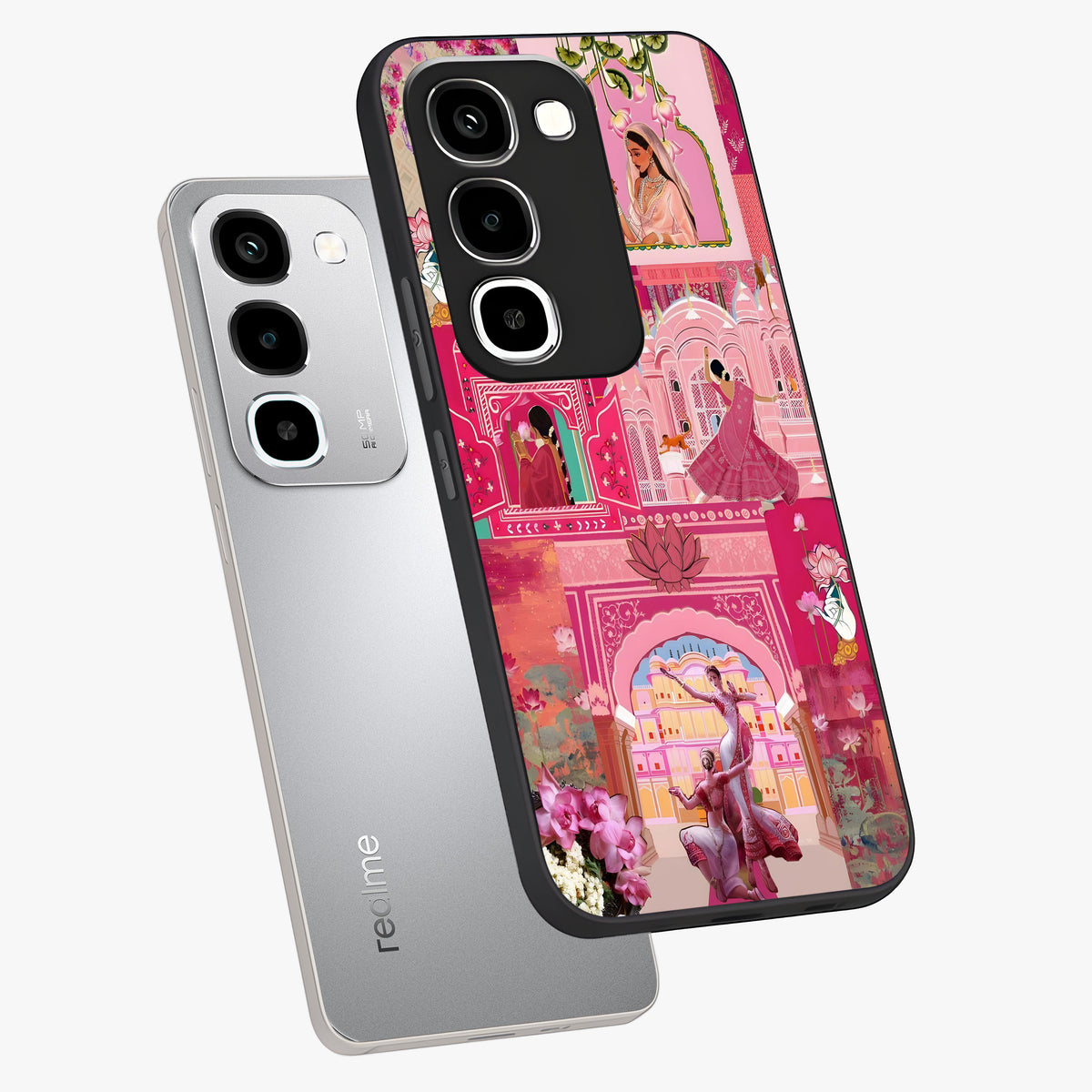 Blossoms of Rajasthan Glass Case displayed in angled mockup highlighting vibrant floral pattern with cultural aesthetic style.