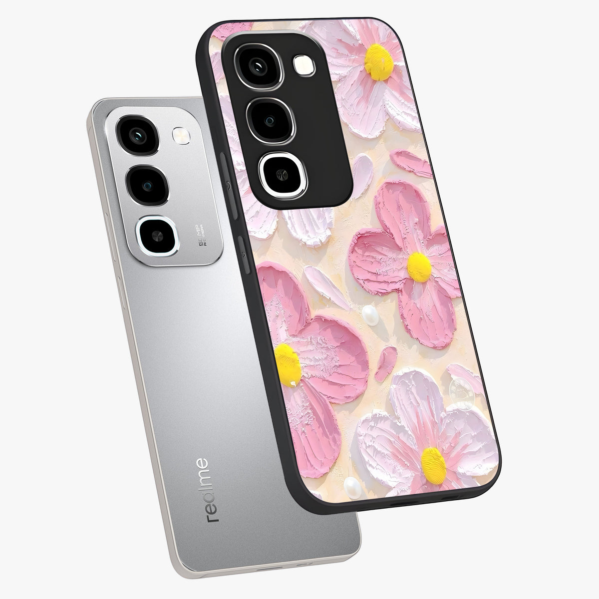 Blush Bloom Texture Glass Case displayed in angled mockup highlighting subtle bloom pattern with aesthetic pastel design.