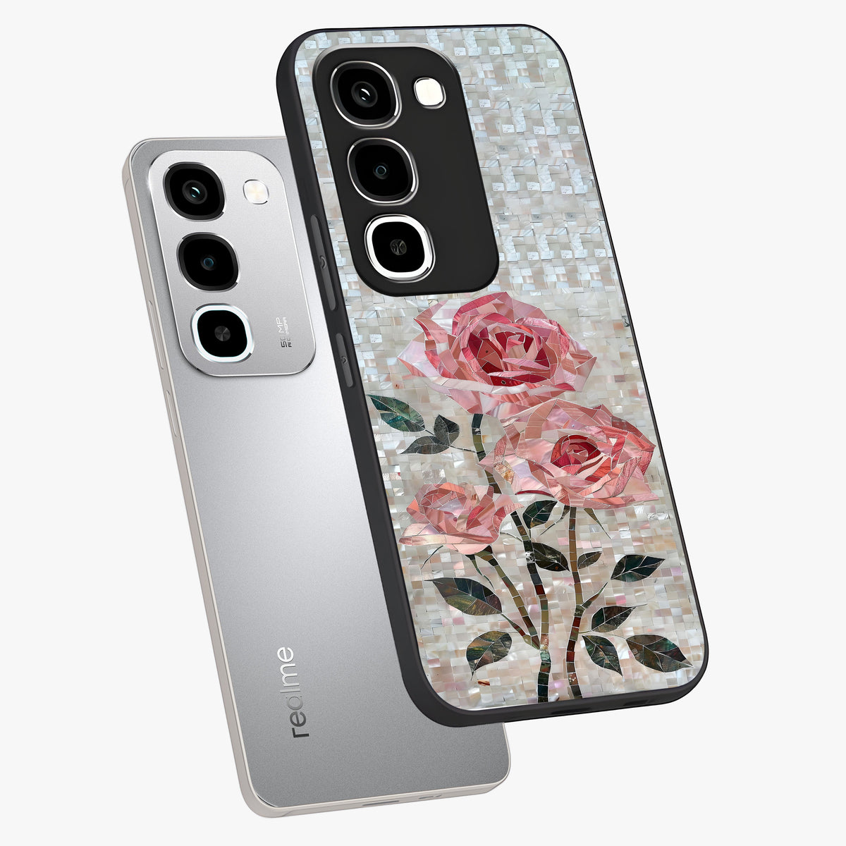 Blush Mosaic Bloom Glass Case displayed in angled mockup highlighting artistic mosaic flower pattern with aesthetic design.