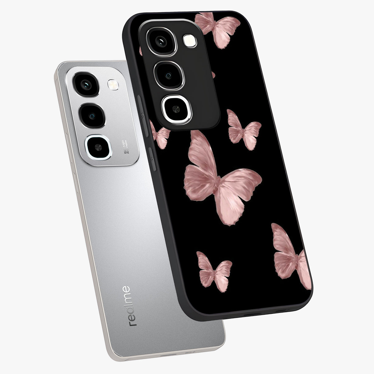 Butterfly Pattern Glass Case displayed in angled mockup highlighting delicate butterfly design and aesthetic pattern style.
