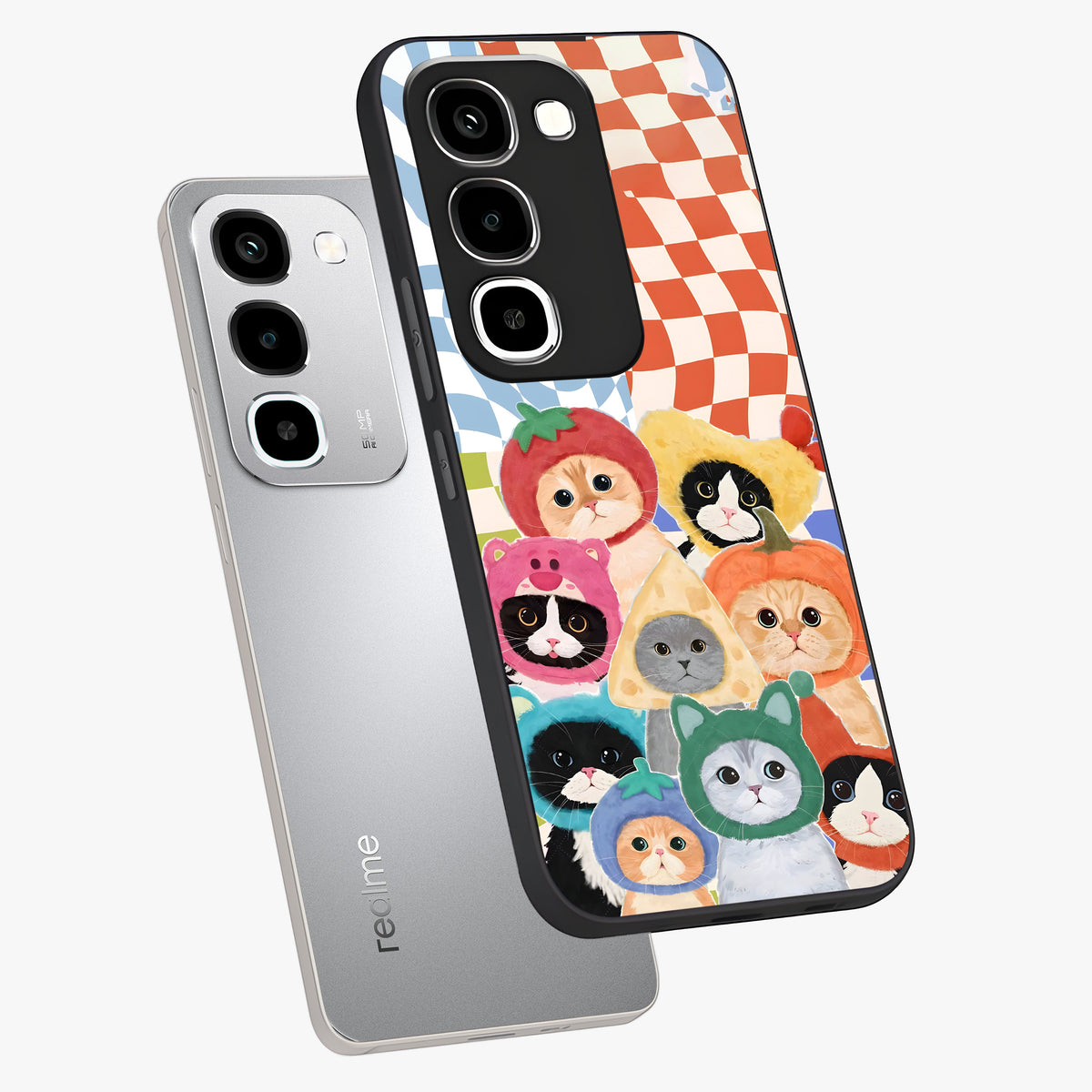 Cats in Fruits Glass Case displayed in angled mockup highlighting cute feline fruit design with colorful aesthetic style.