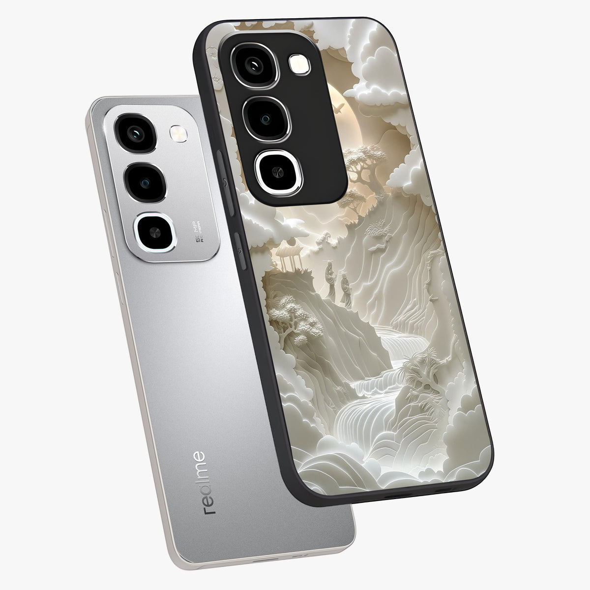 Celestial Origami Glass Case displayed in angled mockup highlighting geometric origami design with cosmic aesthetic theme.