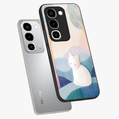 Cotton Dream Cat Glass Case displayed in angled mockup highlighting cute feline illustration with pastel aesthetic style.